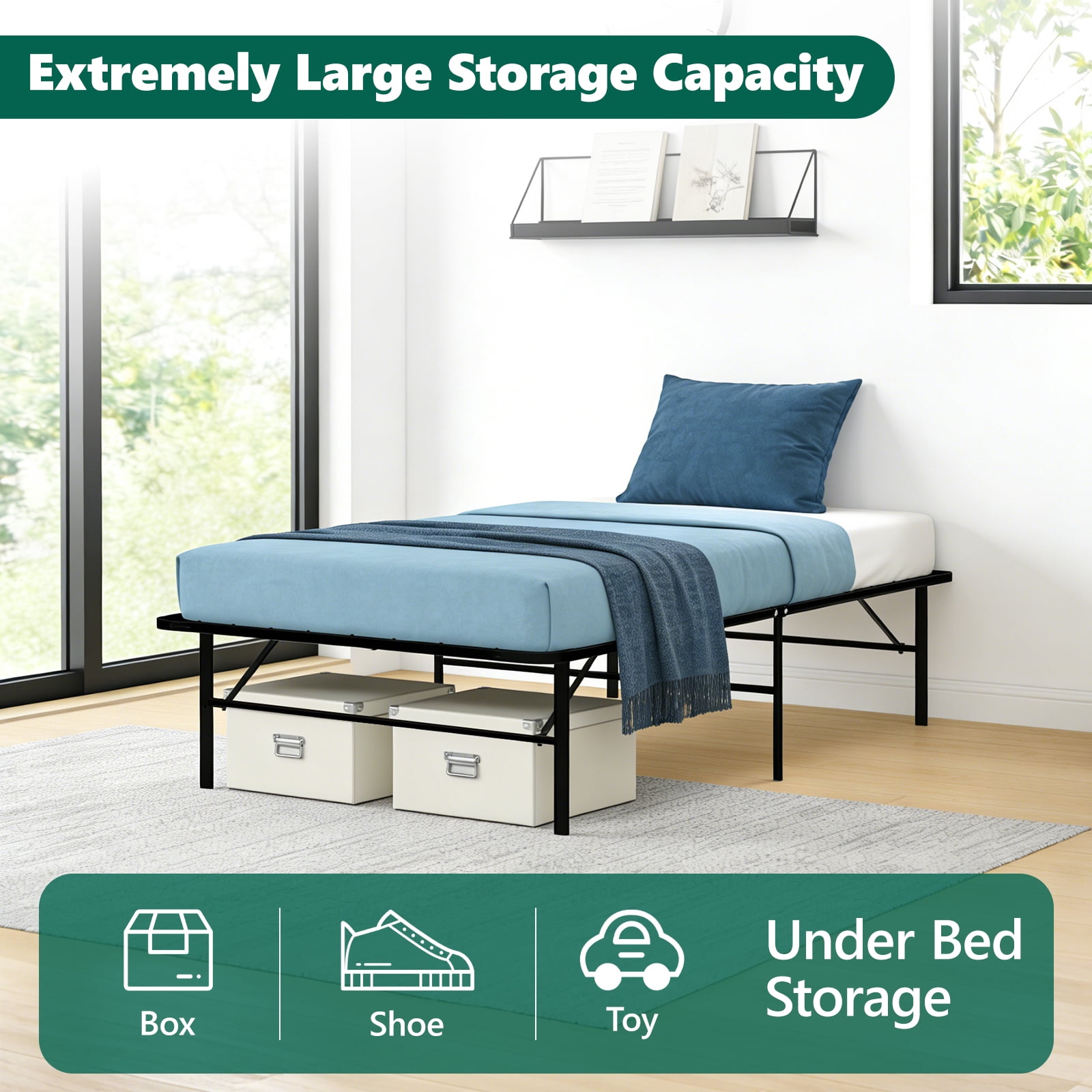 WLLJOY Twin Bed Frame Folding Metal Platform Bed Frame with Heavy Duty and Strong Bearing Capacity, 14 Inches High, Black