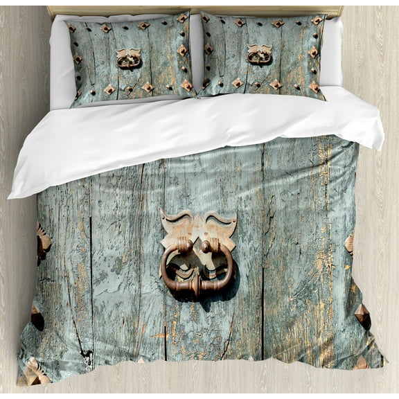 Rustic Duvet Cover Set, European with Rusty Old Door Knocker Gothic Medieval Times Spanish Style, Decorative 3 Piece Bedding Set with 2 Pillow Shams, Calking Size, Turquoise, by Ambesonne