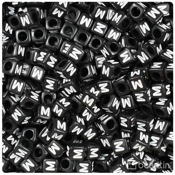 BeadTin Black Opaque 6mm Cube Alpha Beads - White Letter M (80pcs)