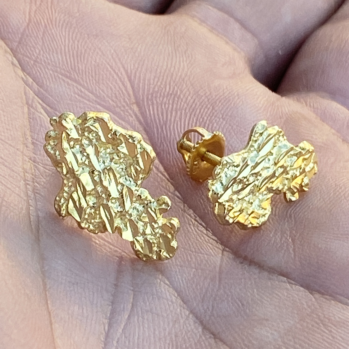 14k Gold Plated Nugget Earrings Real Solid 925 Sterling Silver Diamond Cut Screw Back 20MM