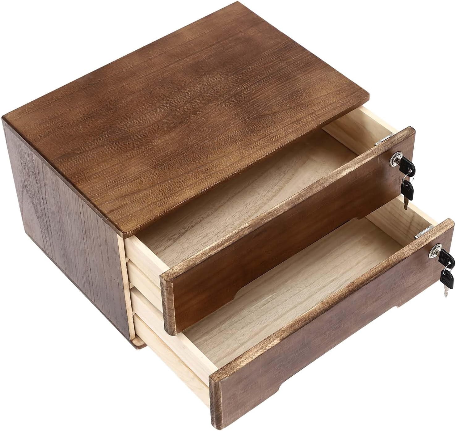 2-Tier Wooden Desk Organizer, Desk Storage Drawers Multifunctional Mini Tabletop Storage Organization Box for Home or Office, 15.75 x 11 x 8.66in (Walnut Color)