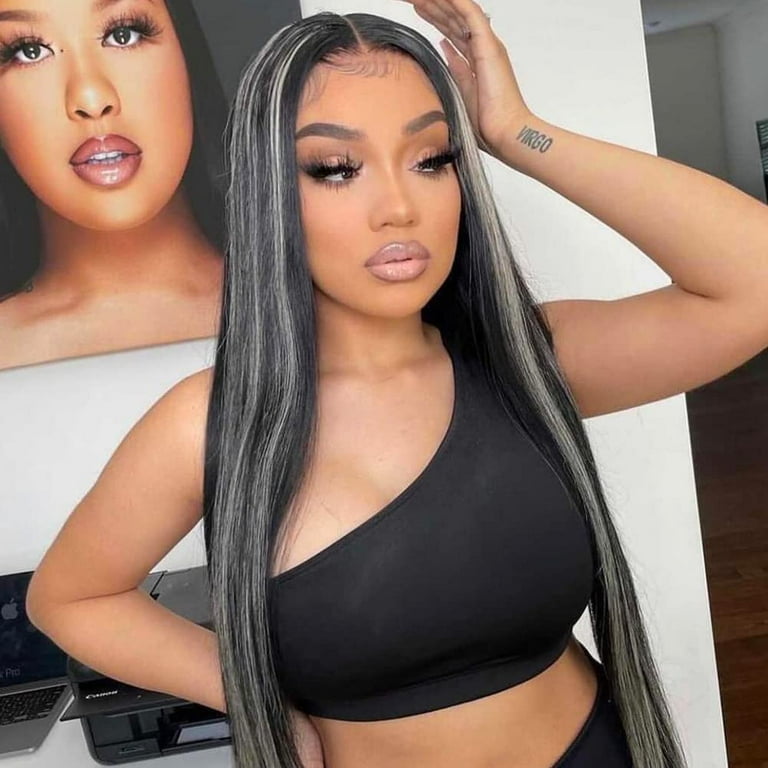Platinum Blonde Highlight Wig Grey Human Hair Wig Straight Lace