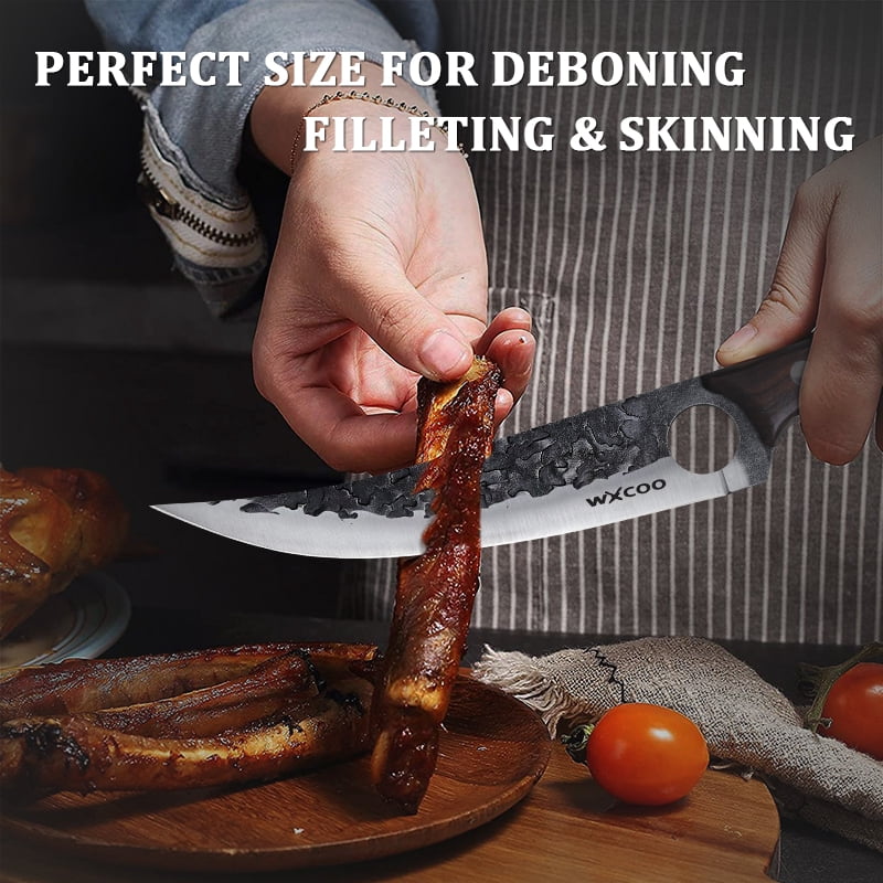 Hand Forged Boning Knife with Brown Wood Handle, High Carbon Steel Butcher Knife with Leather Sheath, Ultra Sharp Full Tang Meat Cleaver for Kitchen & Outdoor Use
