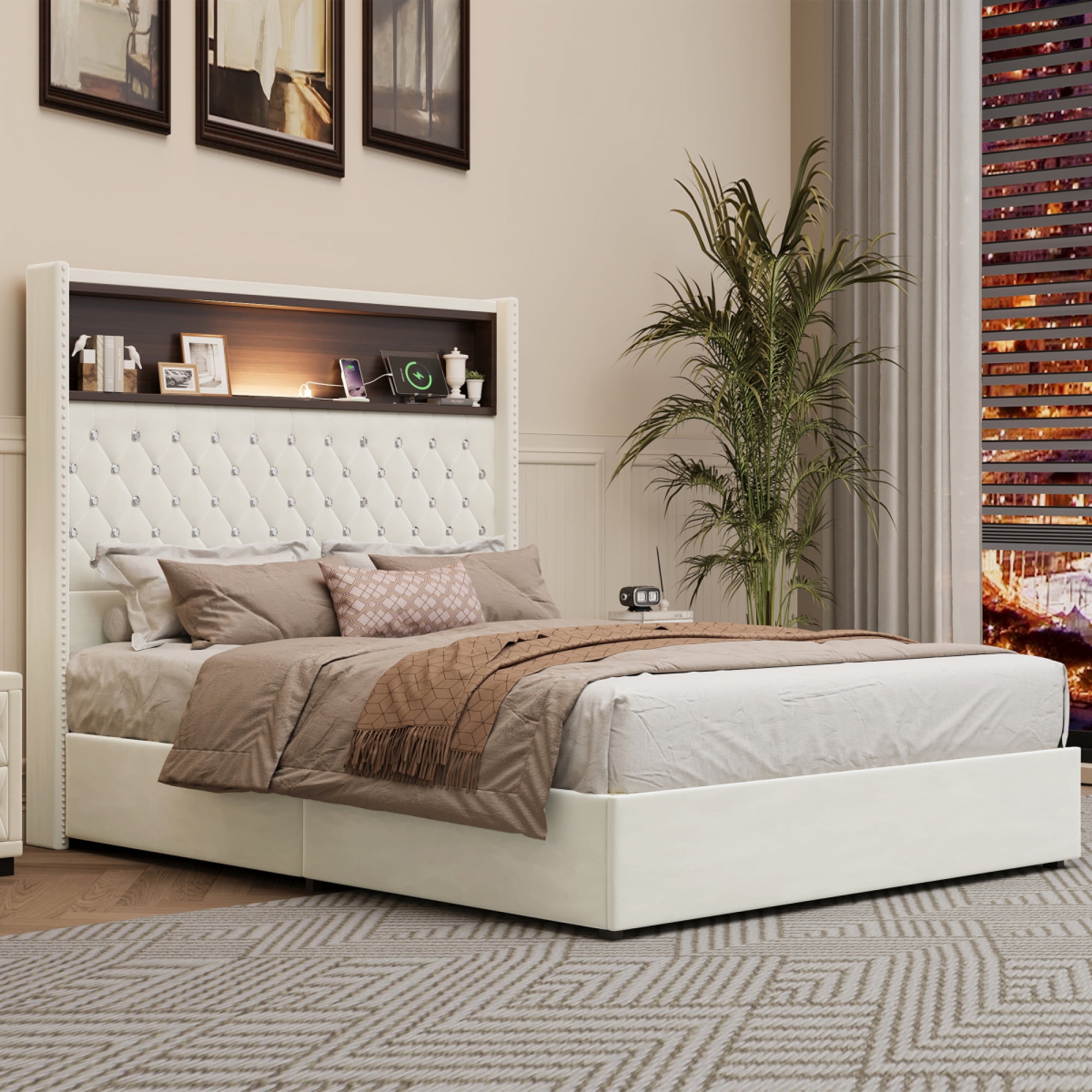 Full Size Velvet Tufted Wing-back Bed Frame - 52'' High Rivet Headboard with Shelf, USB Port & Night Light, Soft Platform Bed,Beige