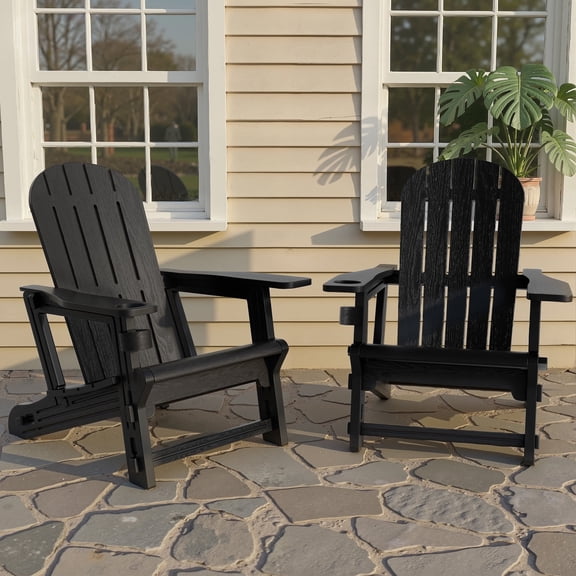 Walsunny Adirondack Chairs Set of 2 Fire Pit Chair Set with Connecting Tray Cup Holder Removable Tabletop,All-Weather HDPE Outdoor Chair Set for Patio Garden Lawn,Black