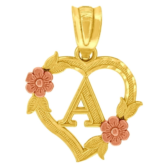 10K Two-Tone Gold Womens Heart Flower Initial Letter A Charm Pendant