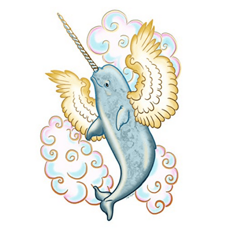 Flying Whale Narwhal Flying w/ Wings in Clouds 18x24 - Vinyl Print