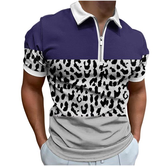 Quarter Zip Lapel Short Sleeve Shirts Mens Striped Tops Colorblock Print Slim Fit Blouses Workout T-shirt Casual Tees Pullovers Navy,XL