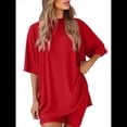 thumbnail image 2 of Traje Casual de Dos Piezas para Mujer, Camisa Holgada de Verano, Pantalones Cortos de Ciclismo, Ropa de Viaje para el Aeropuerto. Rojo L, 2 of 8