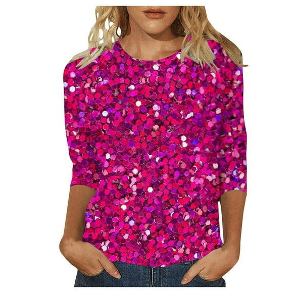 Womens Tshirt Ladies Casual Crew Neck Carnival Sequin Effect 3/4 Length Sleeve T Shirts Top Womens Shirt Hot Pink S