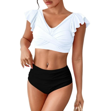 Huankd Womens High Waisted Bikini Sets Ruffle Cheeky Tummy Control Full Coverage Push Up Solid Two Piece Swimsuits Black M