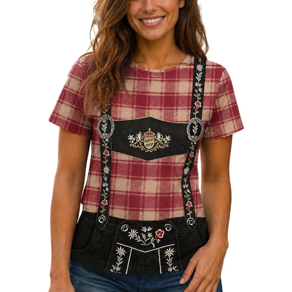 XIAOCHA Reddish Plaid Oktoberfest Suspender Graphic T Shirt For Women Crew Neck Short Sleeve Party Top