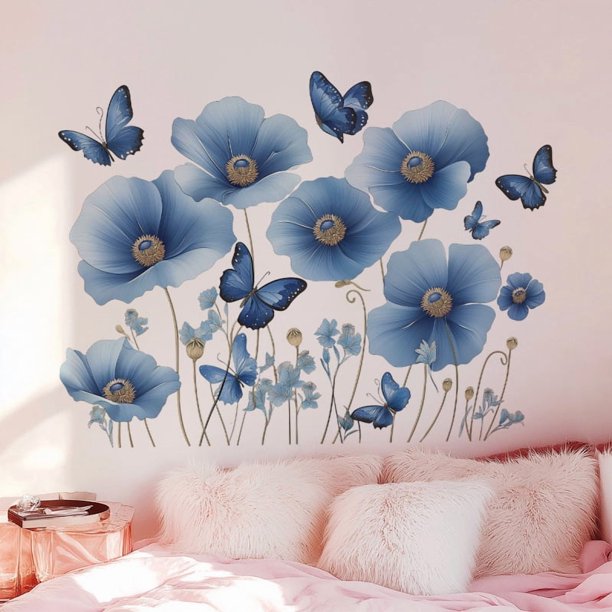 Adhesivos de pared con diseño floral de amapola azul, 30 x 90 cm