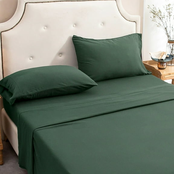 PURE ERA Jersey Knit 4pc Bed Sheet Set 100% T-Shirt Cotton Soft Comfy Solid Forest Green Queen