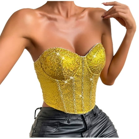 Mittory Women s Glitter Sequin Bustier Corset Top Back Zipper Strapless Tube Top Festival Outfits for Women and Girls