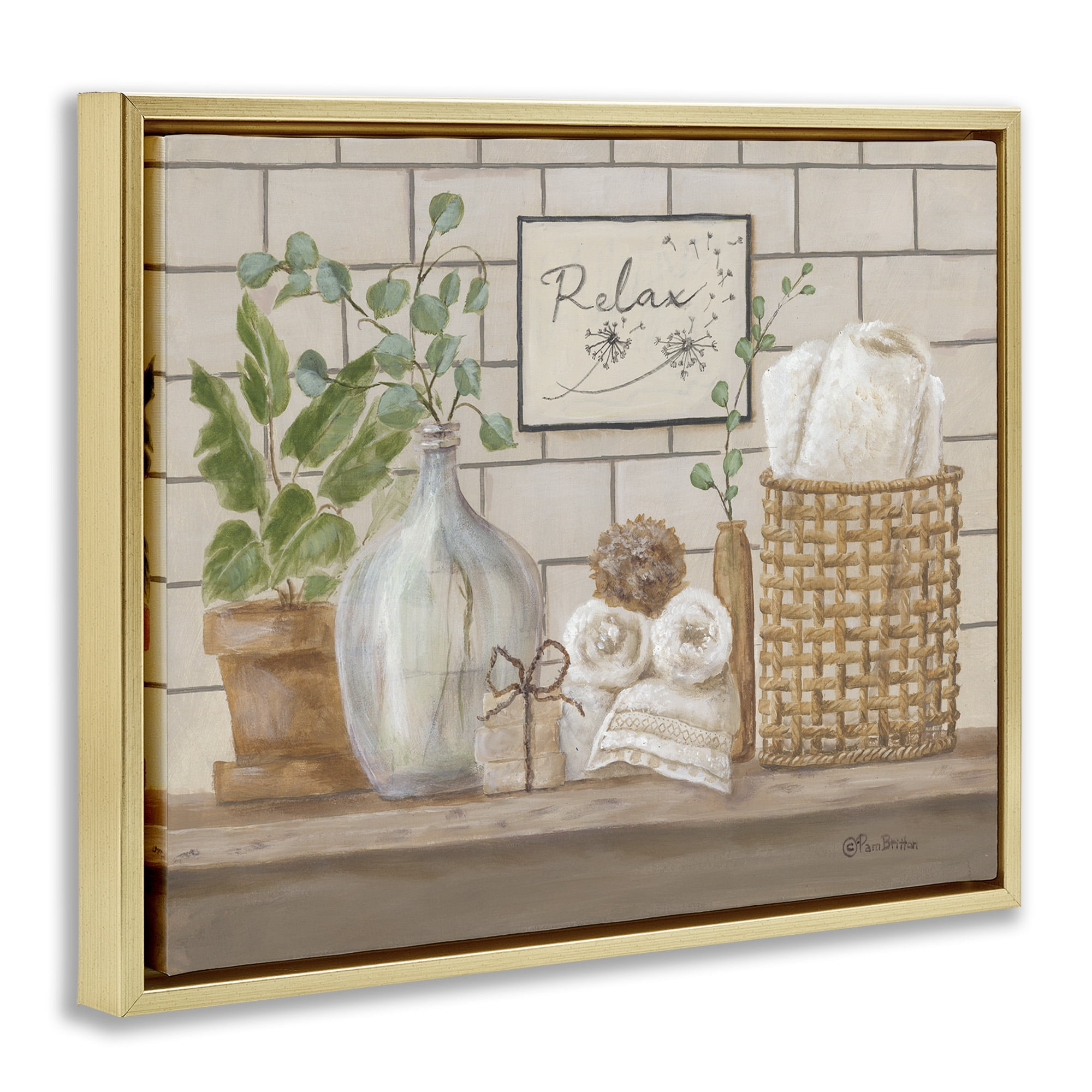 Stupell Industries Uplifting Bathroom Spa Relax Scene Painting Metallic Gold Floating Framed Canvas Print Wall Art, Design by Pam Britton