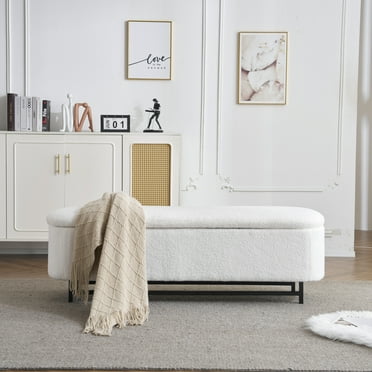 Contemporary Flip-Top Storage Ottoman with Cushioned Seat and Metal Feet, White