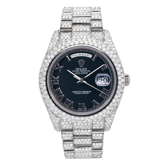Pre-Owned Rolex Day-Date II 41MM 218239 Black Roman Dial Diamond Bezel 18K White Gold Full Diamond President Bracelet 17.75ct