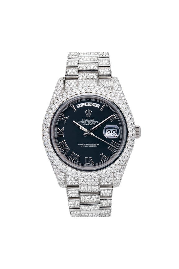Pre-Owned Rolex Day-Date II 41MM 218239 Black Roman Dial Diamond Bezel 18K White Gold Full Diamond President Bracelet 17.75ct