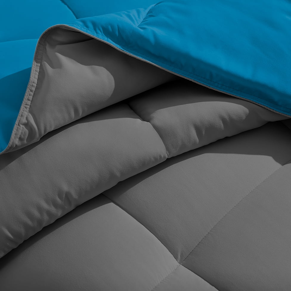 Bare Home Microfiber 4-Piece Medium Blue/Gray Comforter, Medium Blue Sheet Set Reversible Bed in a Bag, Twin