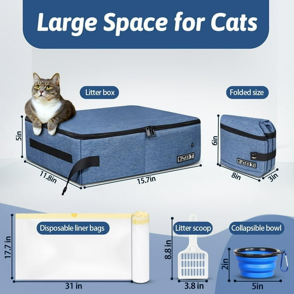 Portable Cat Travel Litter Box with Lid and 10 pcs Disposable Liner Bags, Leak-Proof and Collapsible for Car, Hotel, Airplane and Outdoor Use