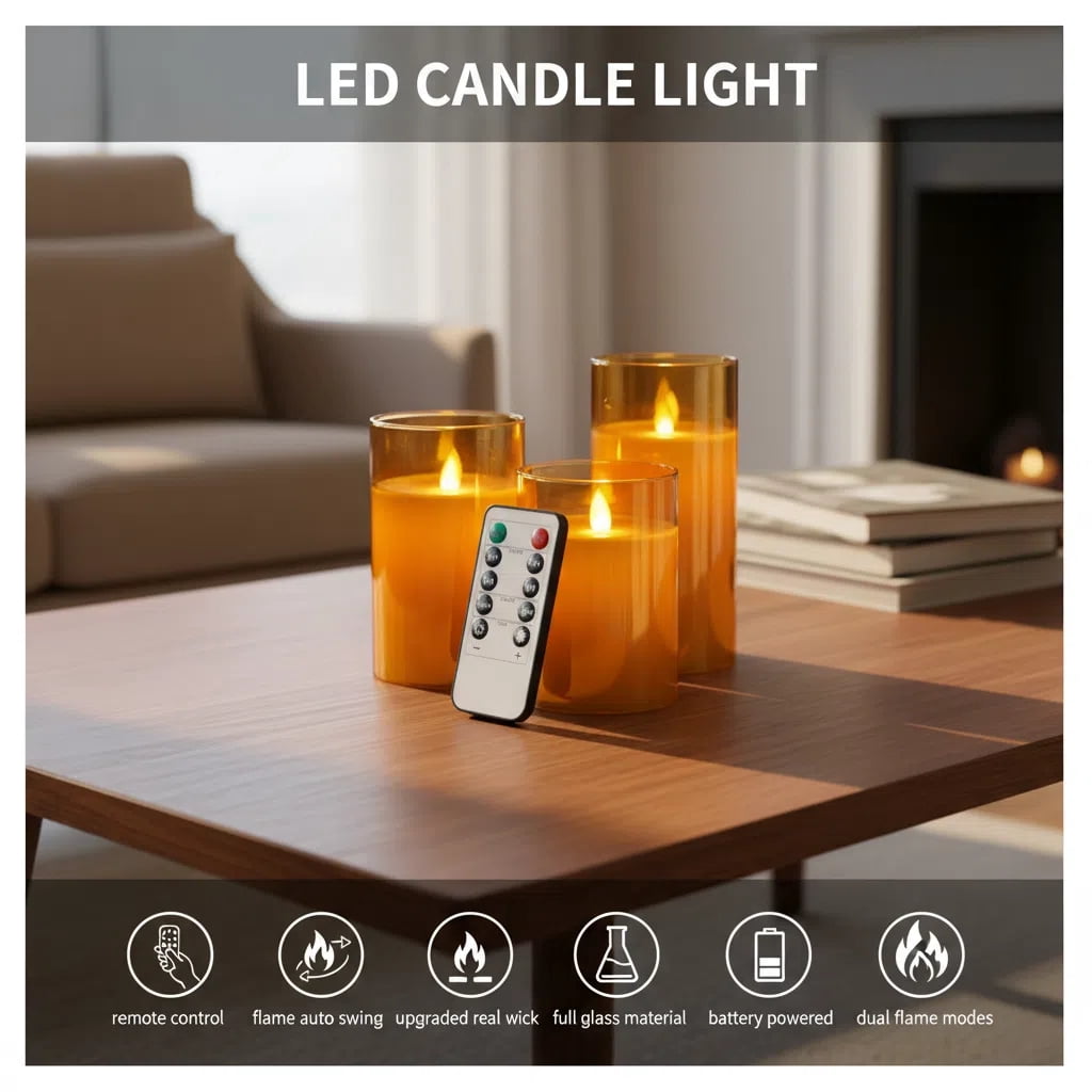 Goldprice Rechargeable Flameless Candle, LED Flickering Candles Tea Lights Pillar Candles Sets with Adjustable Brightness and Timing Remote, Battery Operated Acrylic USB Candles (D 3”×H 4”5”6”)