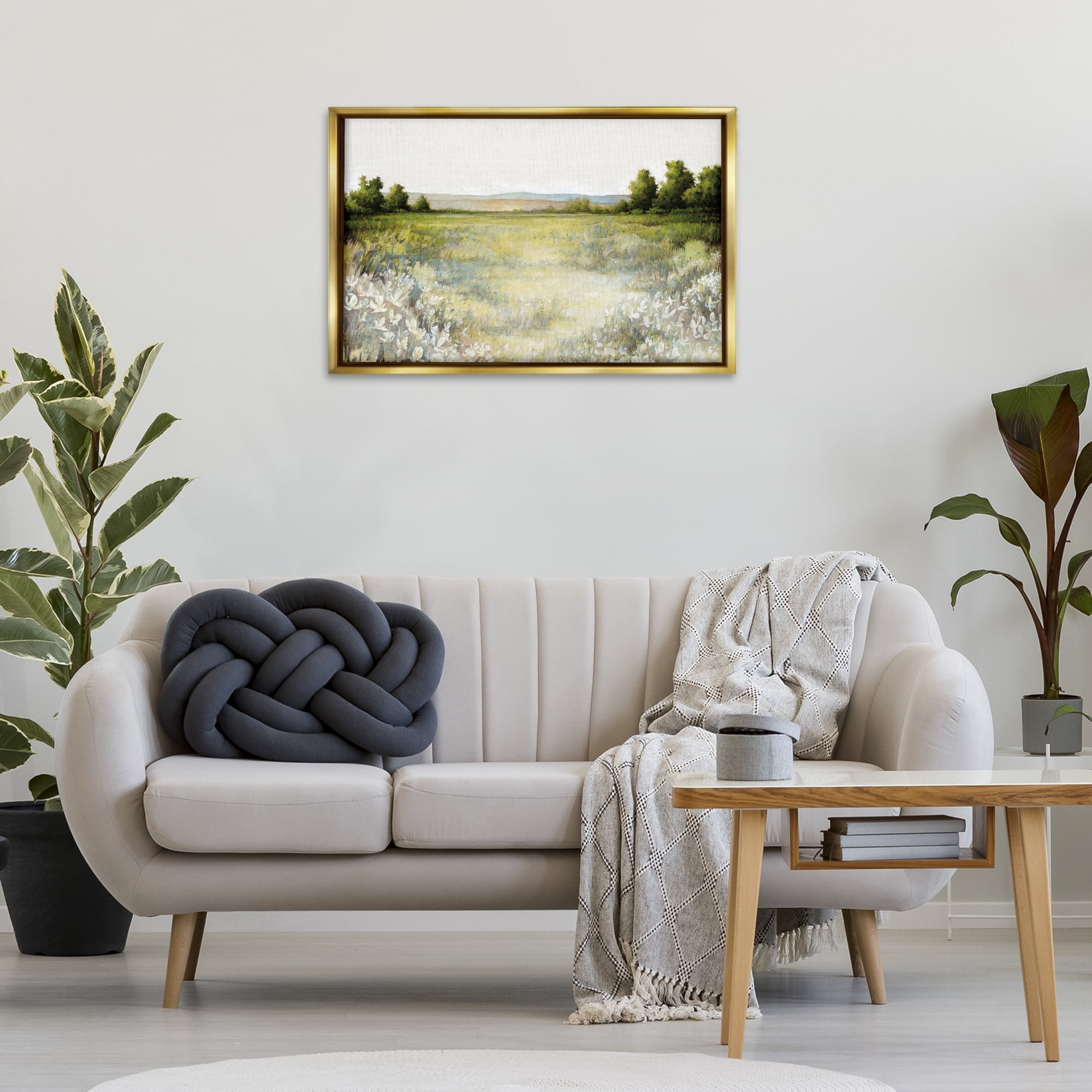 Stupell Industries White Flowers Meadow Landscape & Nature Painting Gold Floater Framed Canvas Art Print Wall Art, 31 x 21