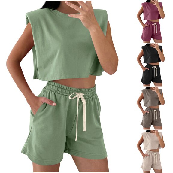 CHUMUD Two Piece Sets for Women Petite Summer Outfits Sleeveless Crew Neck Crop Tank Shorts Casual Set with Pockets