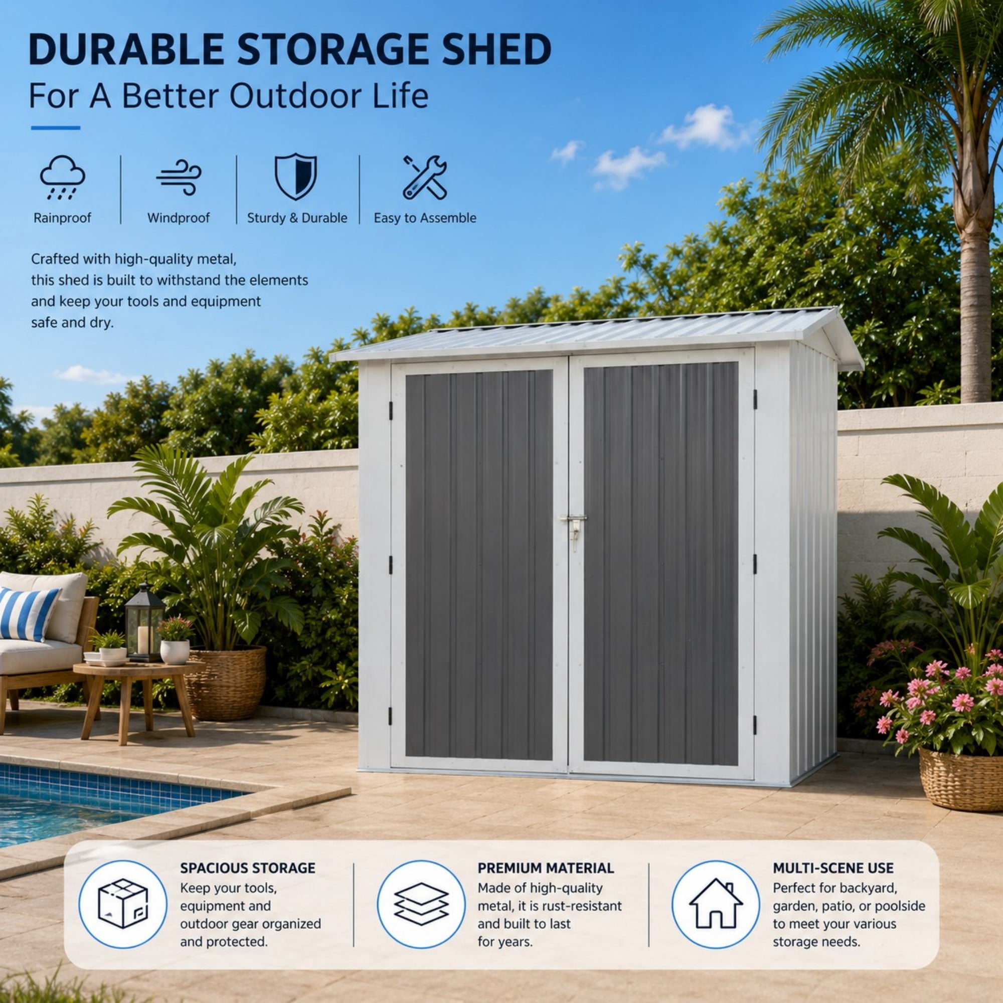 Aukfa 6x9 FT Metal Outdoor Storage Shed with Flower Rack&Lockable Doors, Waterproof Garden Tool Shed for Backyard Patio Lawn, Gray