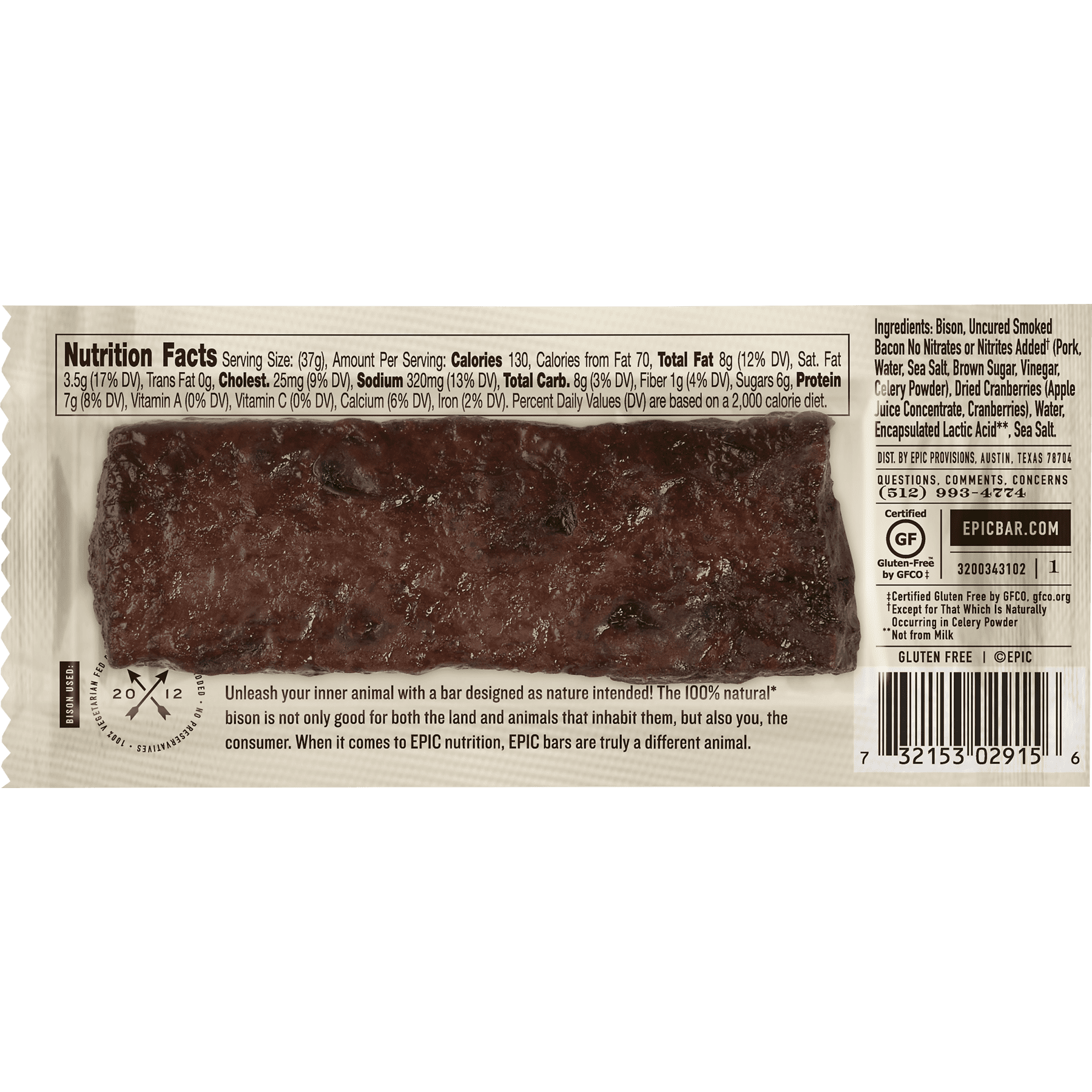 Epic - Bar - Bison - Uncured Bacon - Cranberry , 1.3 oz