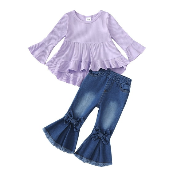 3T Baby Girls Clothes 4T Girls 2PCS Fall Winter Denim Outfits Set Toddler Girls Long Sleeve Irregular Top Denim Pants Set Purple
