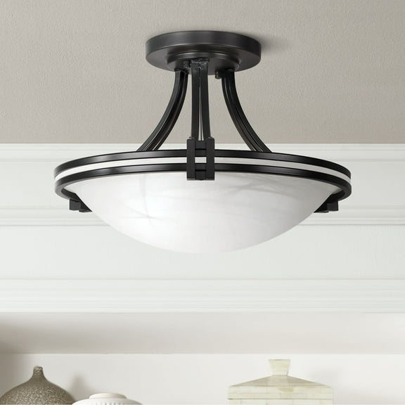 Possini Euro Design Deco Modern Ceiling Light Semi Flush Mount Fixture 16" Wide Oil Rubbed Bronze 2-Light Marbleized Glass Bowl for Bedroom Kitchen