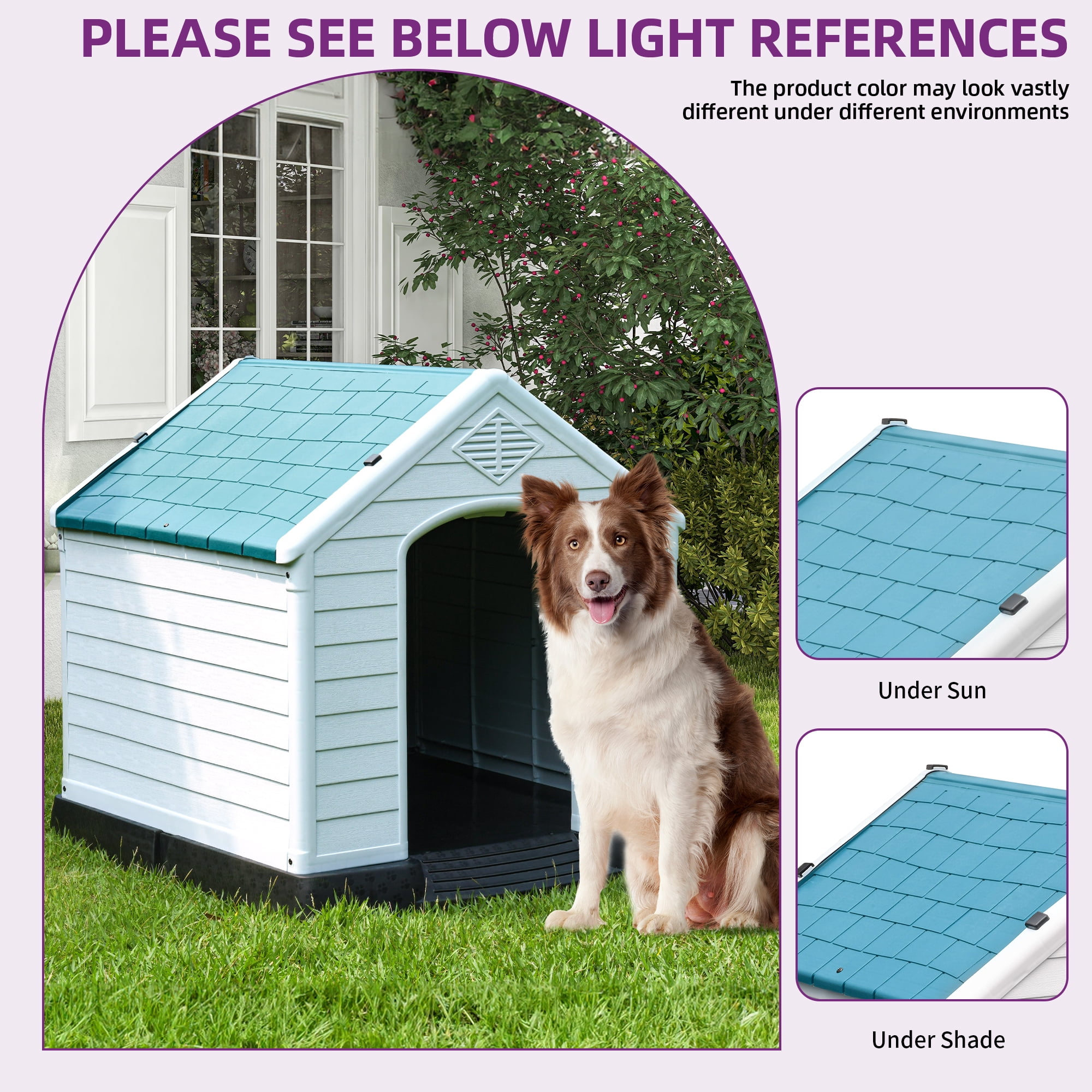 Dextrus Large Plastic Dog House Outdoor Indoor Dog Puppy Shelter Water Resistant with Air Vents and Elevated Floor (41''L*38''W*39''H, Blue)