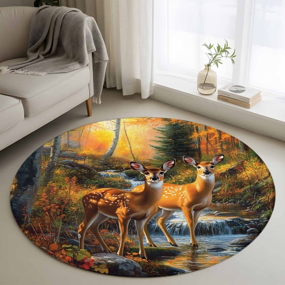Orange Autumn Deer Round Rug 3ft Washable Circle Entryway Rugs Non Slip Forest Vintage Elk Area Rug Indoor Floor Carpet for Bedroom Kitchen Living Room Home Office Dining Room Nursery