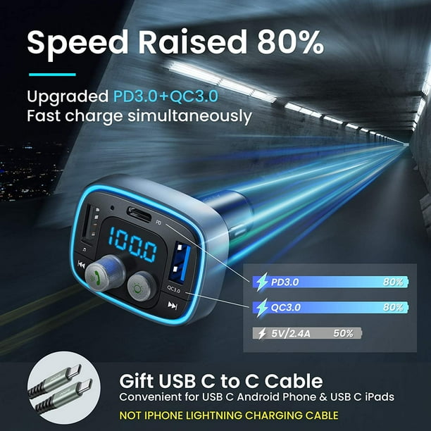 Fm Transmitter Bluetooth Car Adapter 36W 6A PD QC3.0 Bluetooth