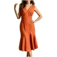 thumbnail image 2 of BLTIBY Womens Casual Dress Summer V Neck Solid Color Waist Dress Pleated Casual Sleeveless Loose Tunic Dresses Orange XXL, 2 of 9