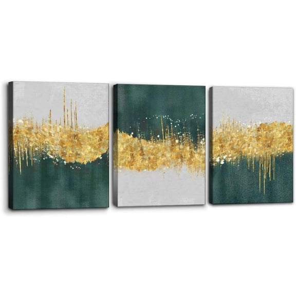 Canvas Art Wall Decor Geometric Gold Green Pictures Strokes Abstract Shapes Illustrations Painting Prints on Canvas 3 Pieces Modern Artwork Stretched and Framed Ready to Hang - 12" x 16" x 3