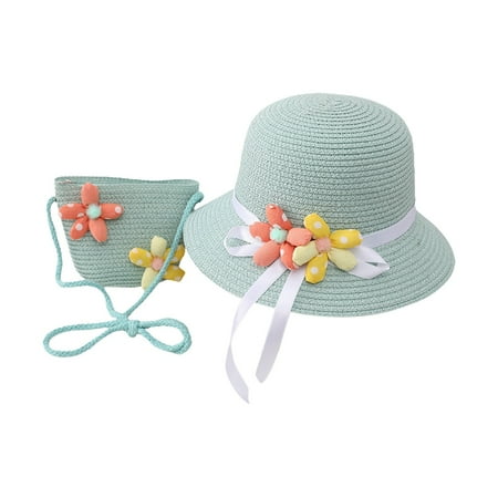 JAHH Straw Hat & Shoulder Bag Beach Set for Girls Kids  Wide Brim Sun Hat with Adjustable Chin Cord + Woven Tote Summer Outdoor Outfit Accessories