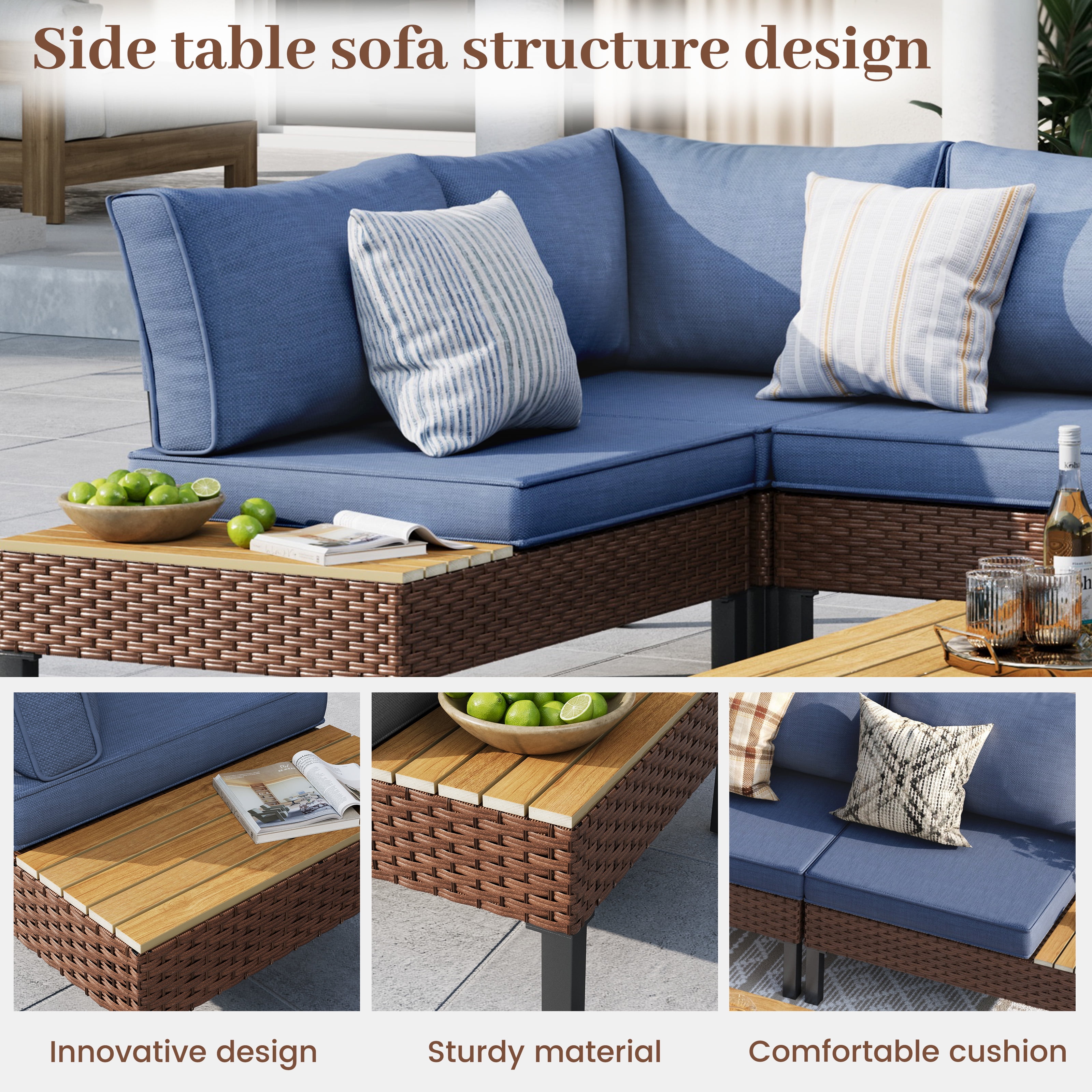 ELPOSUN Patio L Shaped Conversation Sectional Sofa Set with Coffee Table, 5 Pieces Patio Furniture Seating Group with Side Table for Backyard Garden, Navy