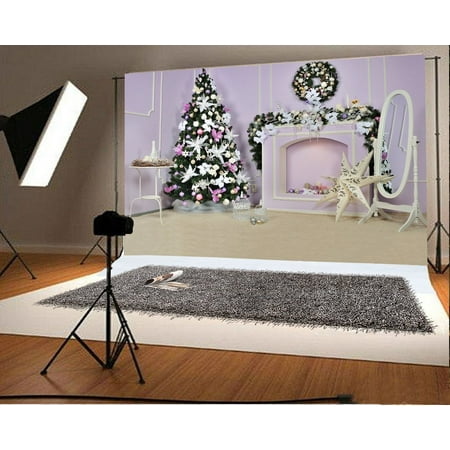 Image of MOHome 7x5ft Christmas Decoration Tree Backdrop Fireplace Garland Star Candles Mirror Birdcage Carpet Interior Photography Background Kids Children Adults Photo Studio Props