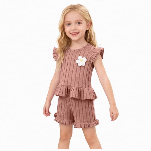 UngA Toddler Girl Clothes Knit Floral Fly Sleeve Tops Shorts Cute Summer Spring Outfits Kids Clothing Set 5-6 Years,Pink