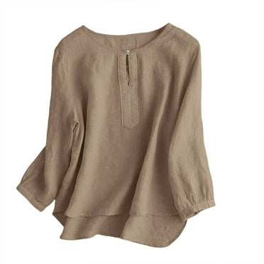 QYZEU T Shirts for Women Trendy Solid Color Cotton Linen Shirts Loose Dolls Small Shirts 3/4 Sleeve Blouse Shirts Breathable Comfortable Lightweight Tops Khaki M