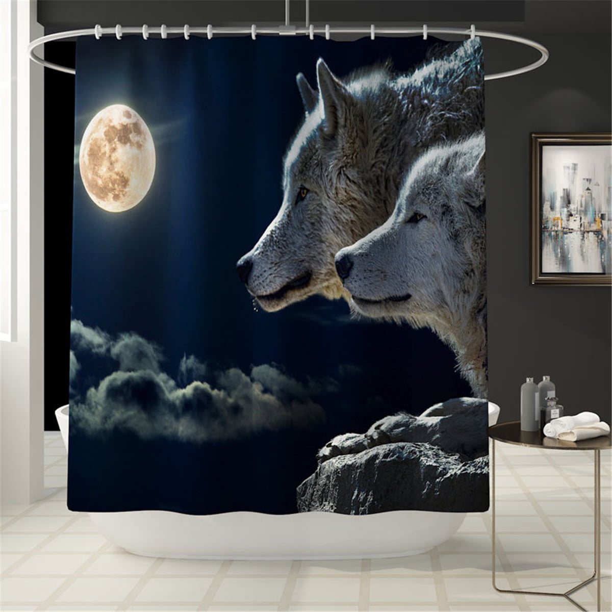 4Pcs Set Wolf Shower Curtain Bath Mat Toilet Lid Cover Waterproof H J1
