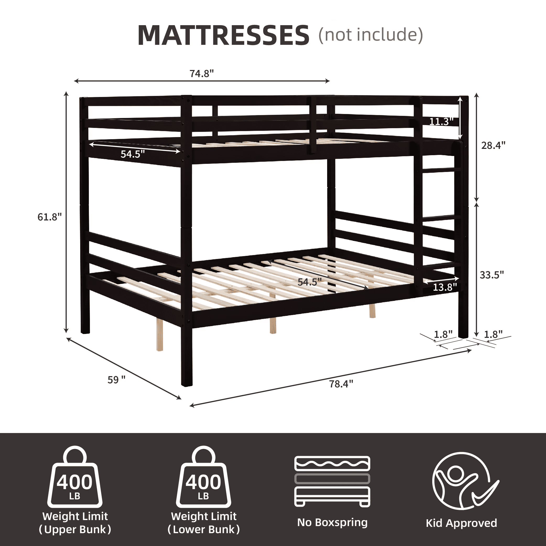 MAYEERTY Full over Full Bunk Bed with Ladder and High Guardrail, Solid Wood Bed Frame, Space-Saving for Kids Teens Dorm Rooms Guest Rooms, No Box Spring Needed