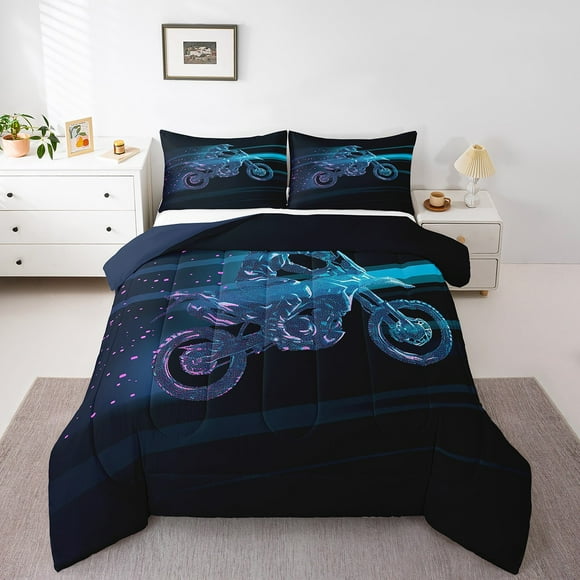 YST Dirt Bike Comforter Set For Teens, Motocross Rider Bedding Set Toddler Size Racer Extreme Sports Bedding Comforter Sets Motorbike Sport Duvet Insert For Kids Boys Adult Bedroom, Blue