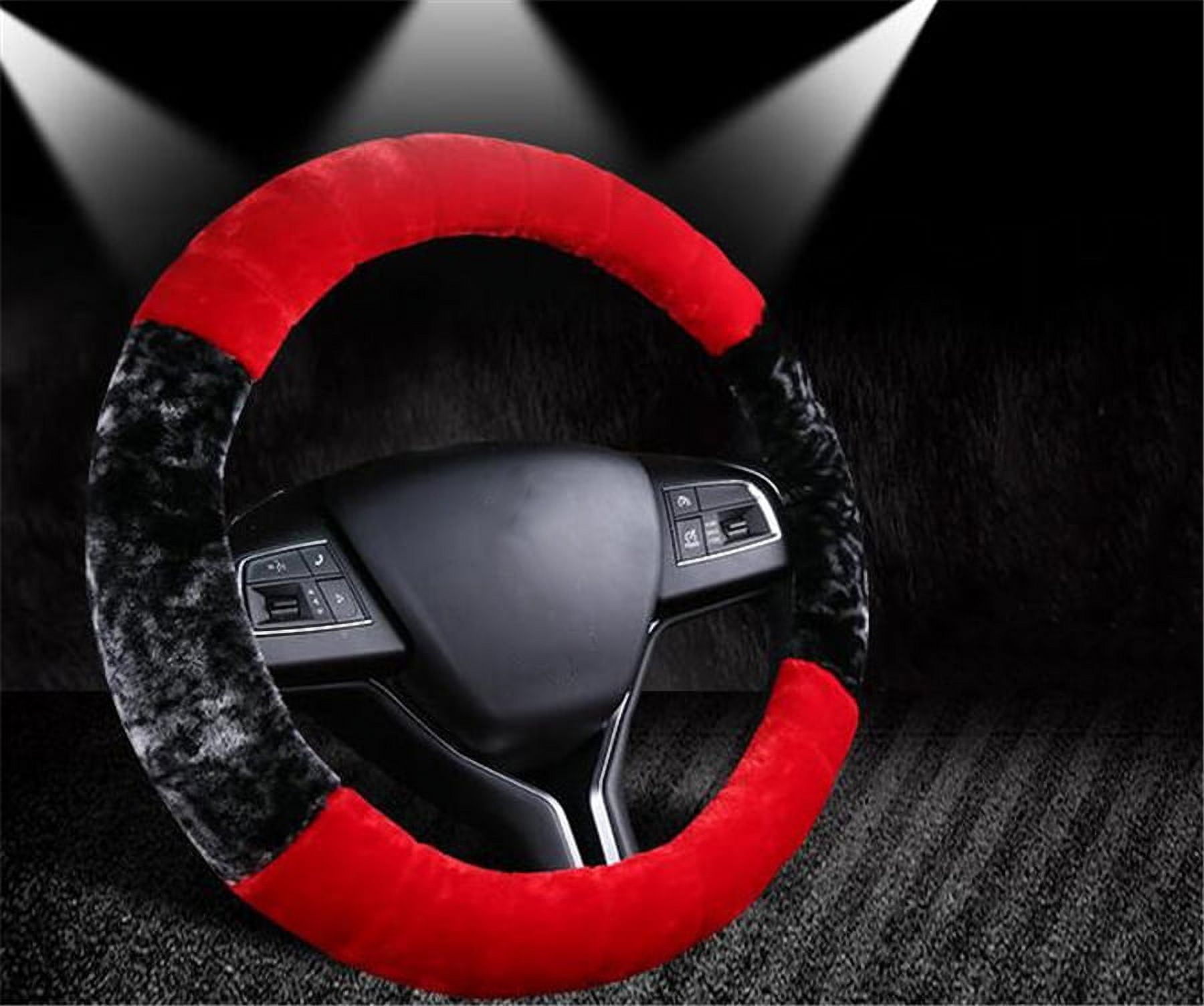 Winter 38Cm Black+Red Plush Furry Thick Auto Car Steering Wheel Cover