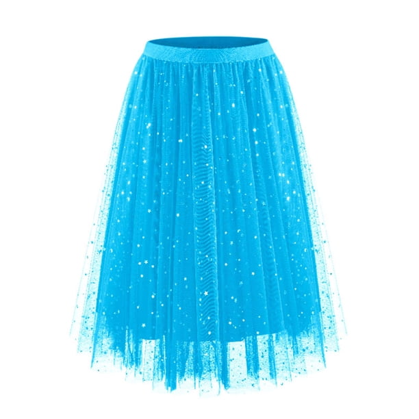 Faldas Largas para las Mujeres de Verano Estrella Impresión en Capas Pastel Malla Lentejuelas Irregular Media Longitud Maxi