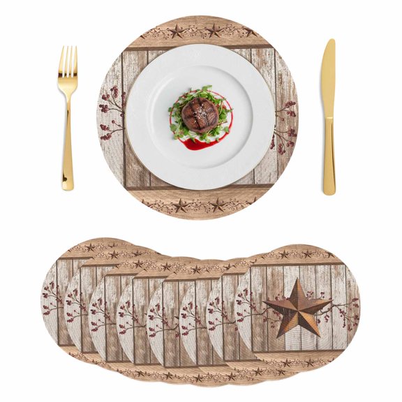 Vintage Texas Star Wooden Round 15 Inch Placemats Set of 8, Farmhouse Berry Country HeatResistant Non Slip Place Mats for Dining Table, Wipeable Braided Kitchen Table Mats for Housewarming