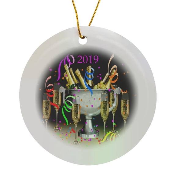3drose, Image of Champagne Bucket and Glasses and Ribbons with 2019, Circle Porcelain Ornament
