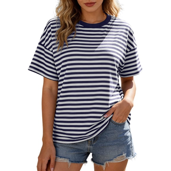 vigerkar Womens Oversized Striped T Shirts Short Sleeve Fashion 2026 Casual Crewneck Summer Y2K Clothes (Navy, S)